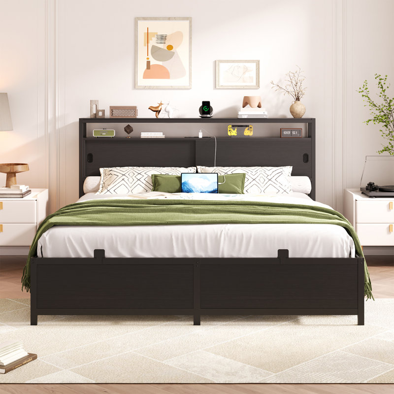 Storage Bed with Sliding Doors, LED Lights & USB Charging Station, Full, Black