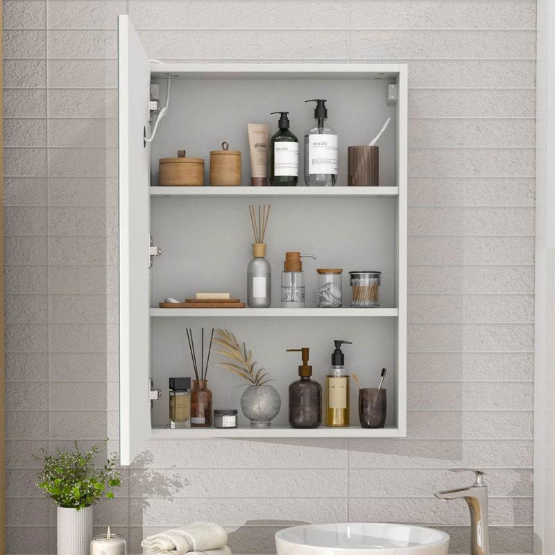 Surface Mount Frameless Mirror Cabinet with LED Lighting & 3 Shelves for Bathroom