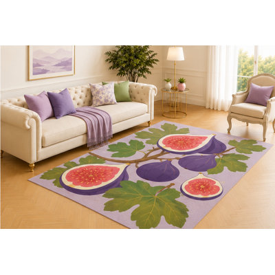 Tapis « ultra-léger » 152 x 213 cm, motif figuier, design botanique moderne de figues violettes et de feuilles vertes sur fond lavande, tapis doux à poils courts pour salon, chambre ou cuisine.