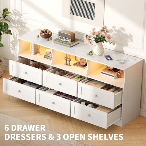 6 Drawer Dresser for Bedroom with Power Outlets & LED Light, Slim Wooden Chest of Drawers with Open Shelf, White