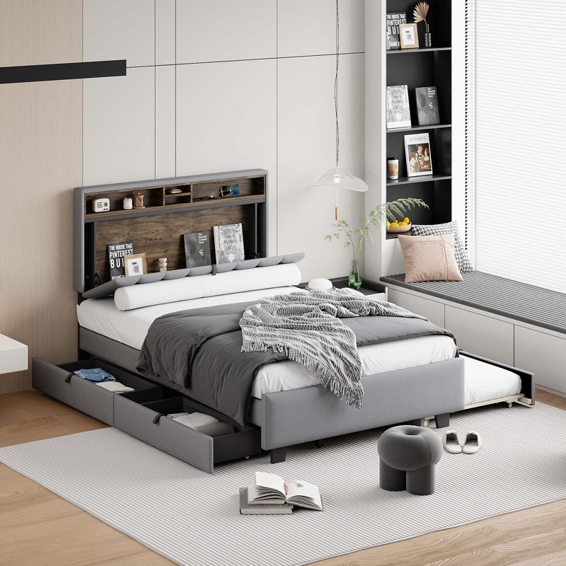 Upholstered Platform Bed with Storage Headboard, Grey
