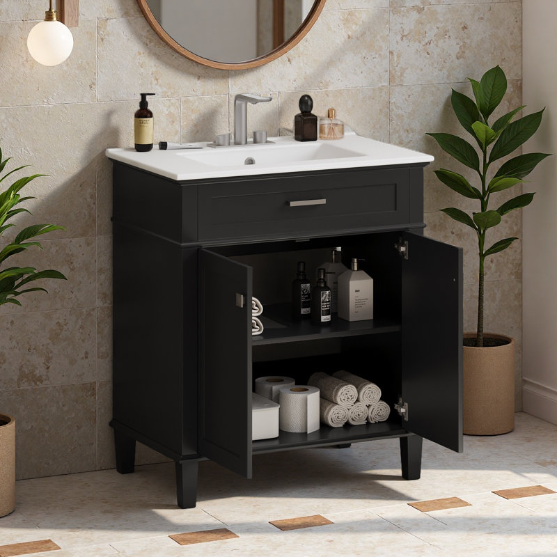 Meuble-lavabo de 30 pouces avec lavabo en céramique, Noir, Argent argent