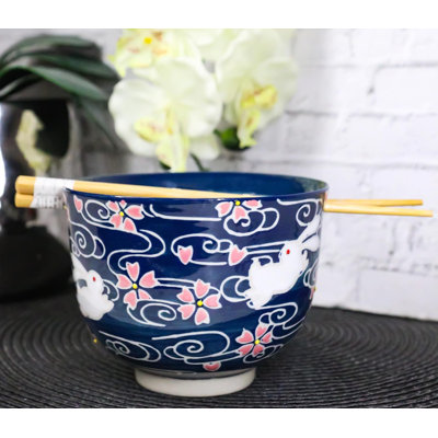 Rabbit With Sakura Blossoms Donburi Ramen Bowl With Chopsticks Set