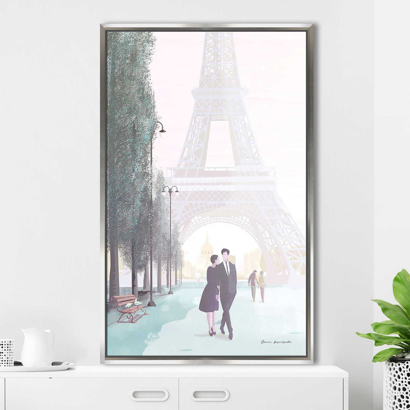 «Paris Love» par Omar Escalante - Peinture, Cadre flottant argent, H 43,5 po x l 27,5 po x P 2 po