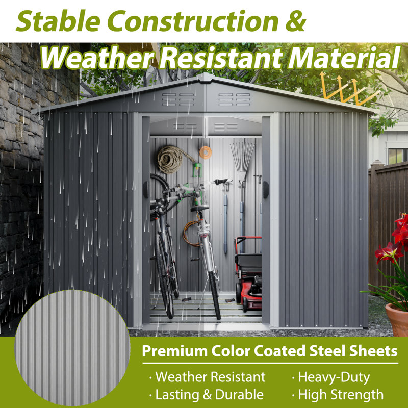 Remise à outils durable de 8 pi x 6 pi - Remise en métal résistante aux intempéries avec portes verrouillables et fondation en métal pour le jardin, le patio et la pelouse - Gris