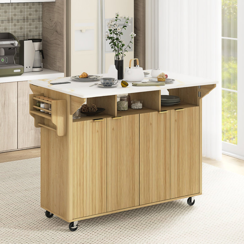 Chariot de rangement de 55,5 po avec 2 abattants, prise de courant et tablettes réglables, Brun