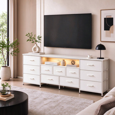 75.5" W Long Dresser for Bedroom with Power Outlets & LED Lights, 11 Drawer Fabric Dresser with Open Shelves, Entertainment Center with Storage