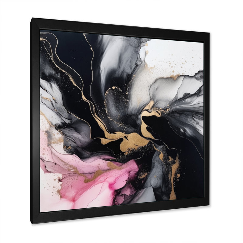 Marbre noir et or Splash IV - art mural abstrait en marbre, salon, H 36 po x l 36 po x P 1,5 po, Cadre photo noir