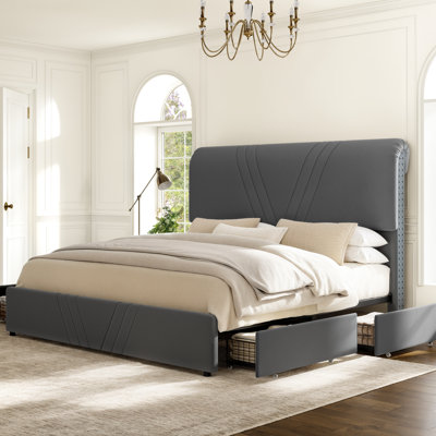 Upholstered King Bed Frame with 4 Storage Drawers and 51" Tall Velvet Headboard,No Box Spring Needed,Easy Assembly