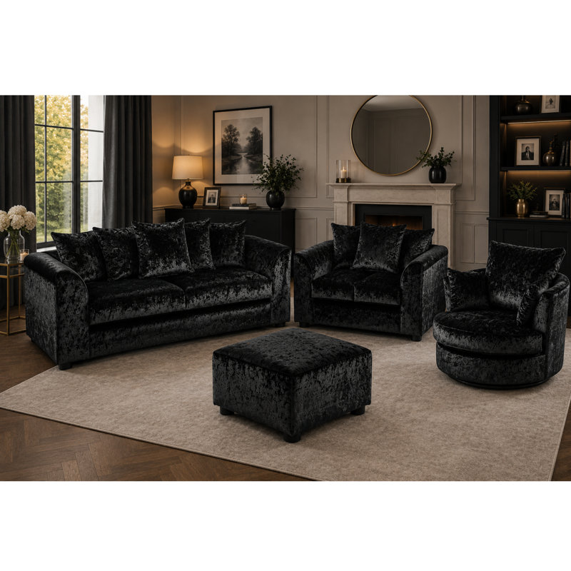 4 Piece Velvet Standard Living Room Set, Black