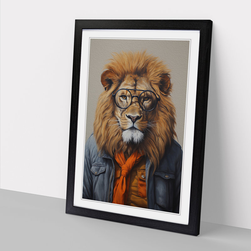 Lion with Glasses Painting - Framed Print, 34cm H x 25cm W x 2cm D, Black Framed