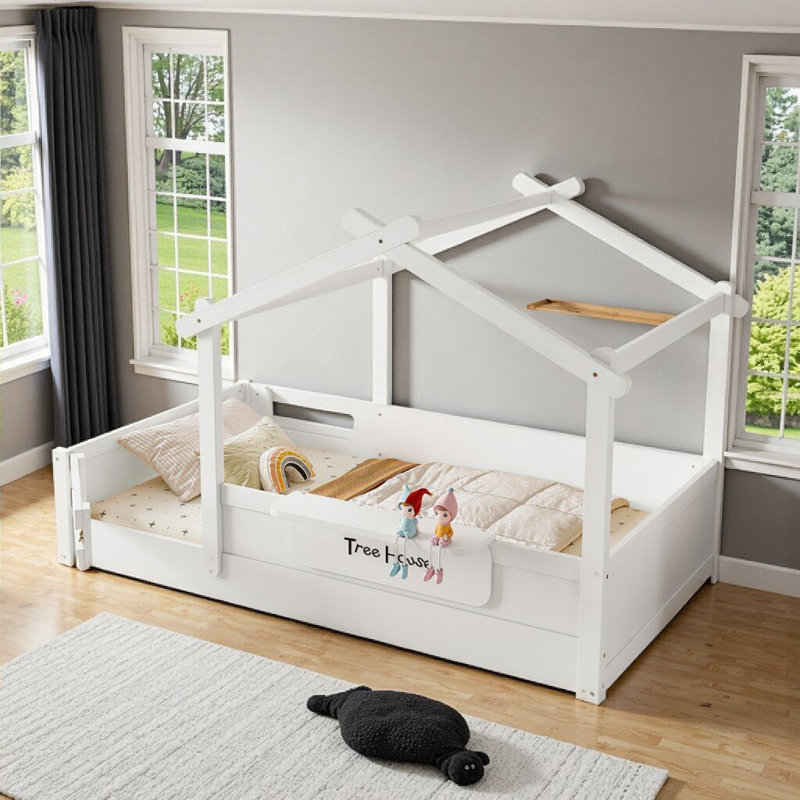 Lit simple pour enfants Montessori - profil bas avec garde-corps, plateau intégré et panneau personnalisé, blanc, Blanc clair