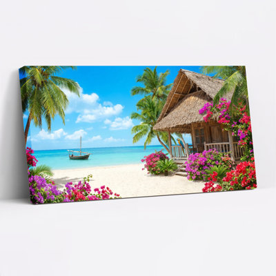 Tropical Beach Hut With Palm Trees And Flowers Canvas Wrapped Wall Art Oil Painting Print Set Of 1