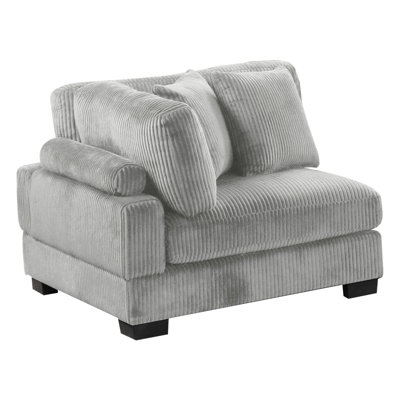 Coussin d'angle rembourré moderne en velours côtelé gris avec structure en bois, assise mi-ferme, dossier rembourré et configuration sans accoudoirs pour un espace de vie décontracté dans un cadre esthétique, douceur du siège,