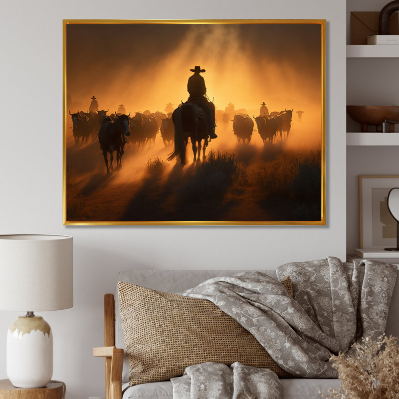 Nasiem Wrangler In Sunset II - art mural coucher de soleil pour le salon, H 16 po x l 32 po x P 1 po, Cadre flottant doré
