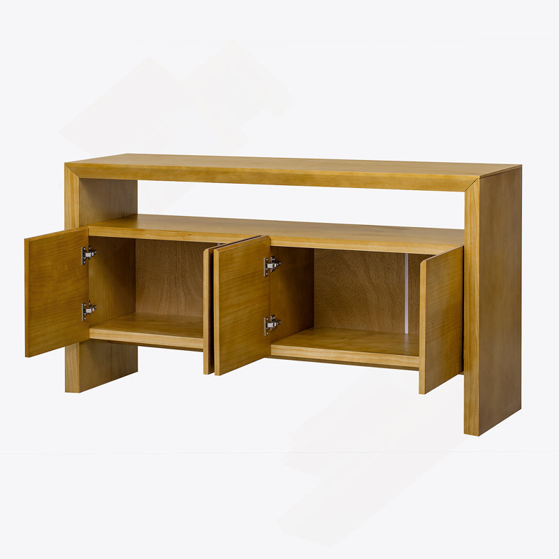 Buffet 60 po à 4 portes, placage en bois massif minimaliste moderne avec tablette ouverte, grain de bois naturel, console de rangement de grande capacité pour le salon, le couloir, la salle à manger (noir / naturel)