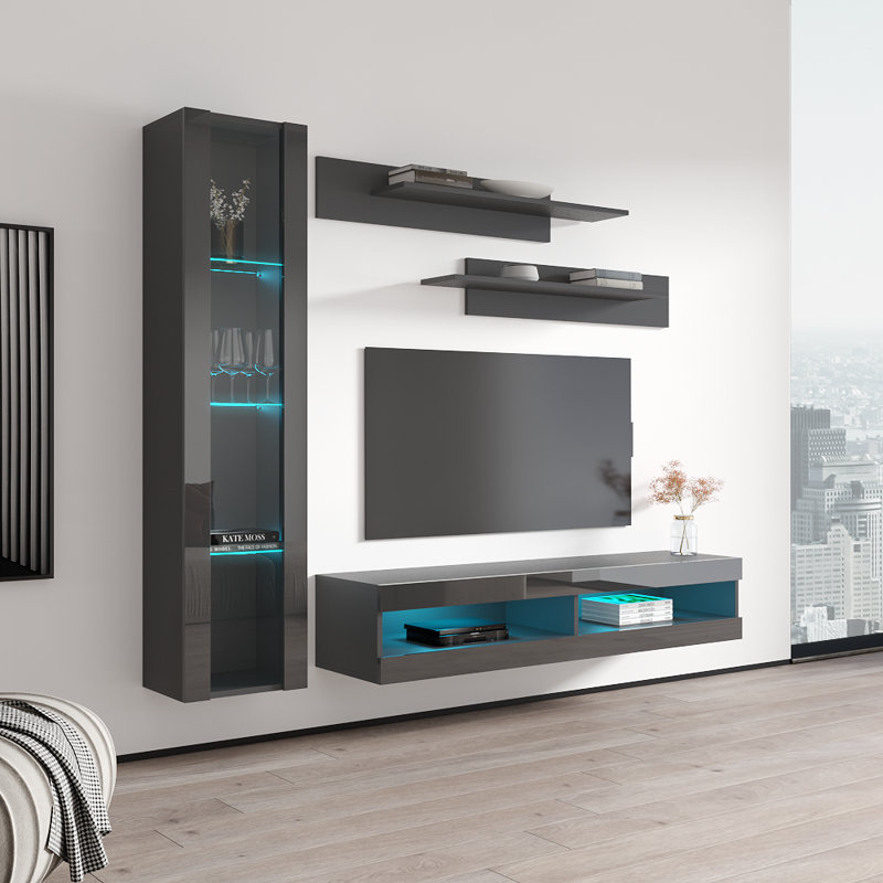 Meuble audio-vidéo mural flottant moderne de 85 po avec éclairage à DEL 16 couleurs Logue, Gris