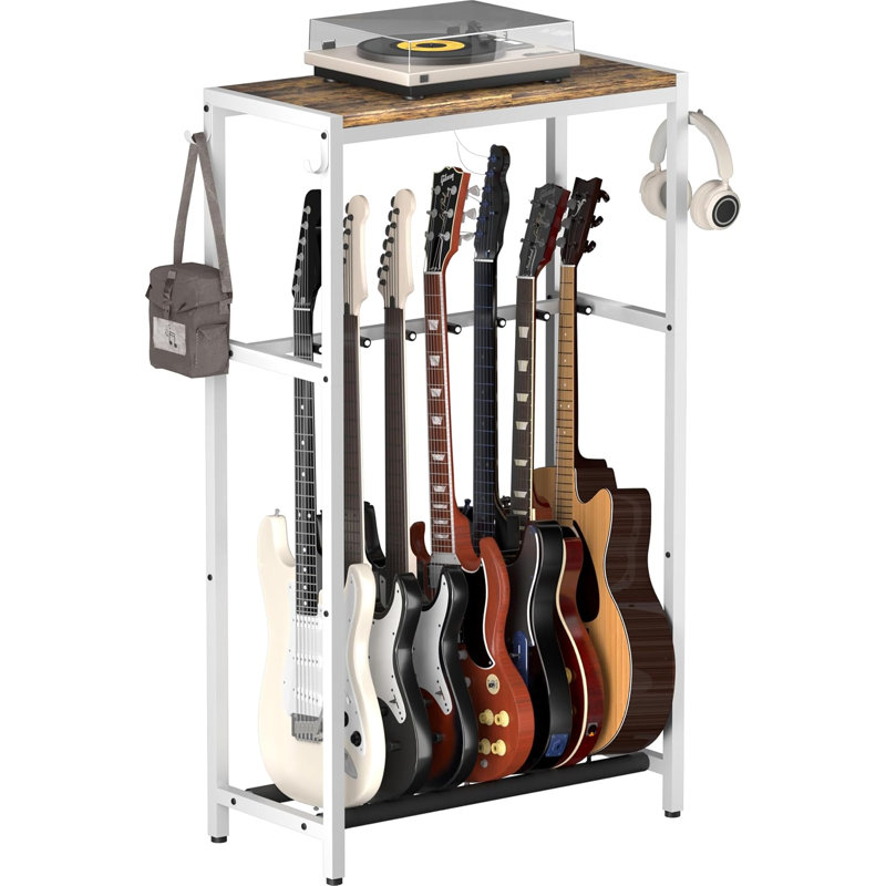 Guitar Stand for Multiple Guitars – Holds 7 String Instruments with Top Storage Shelf