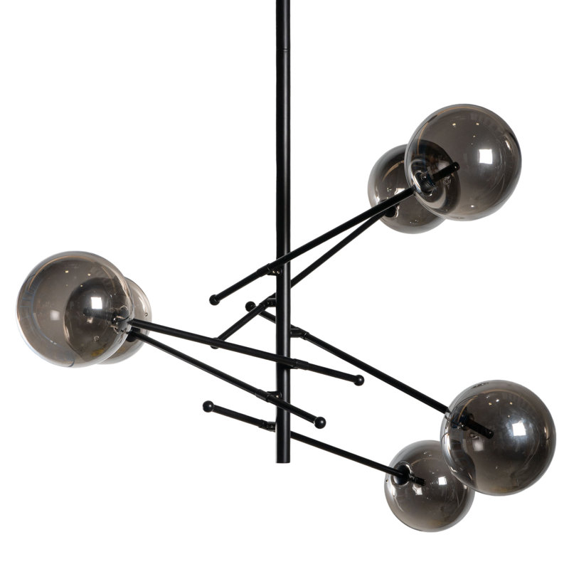 Mid-Century Modern Black Sputnik Chandelier with Smoked Glass Globes