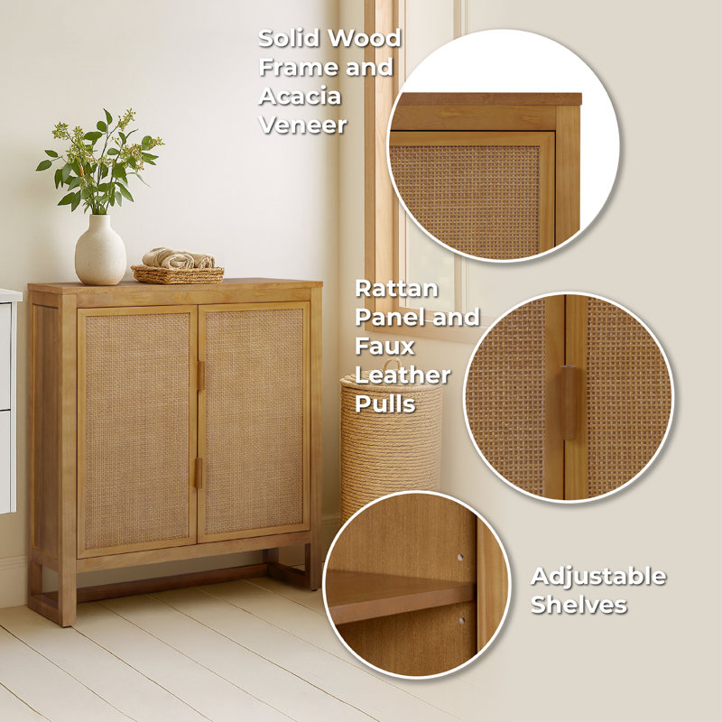 Ameer Modern Boho Accent Storage Cabinet with 2 Rattan Inlay Doors, Adjustable Shelves & Solid Wood Frame, Natural