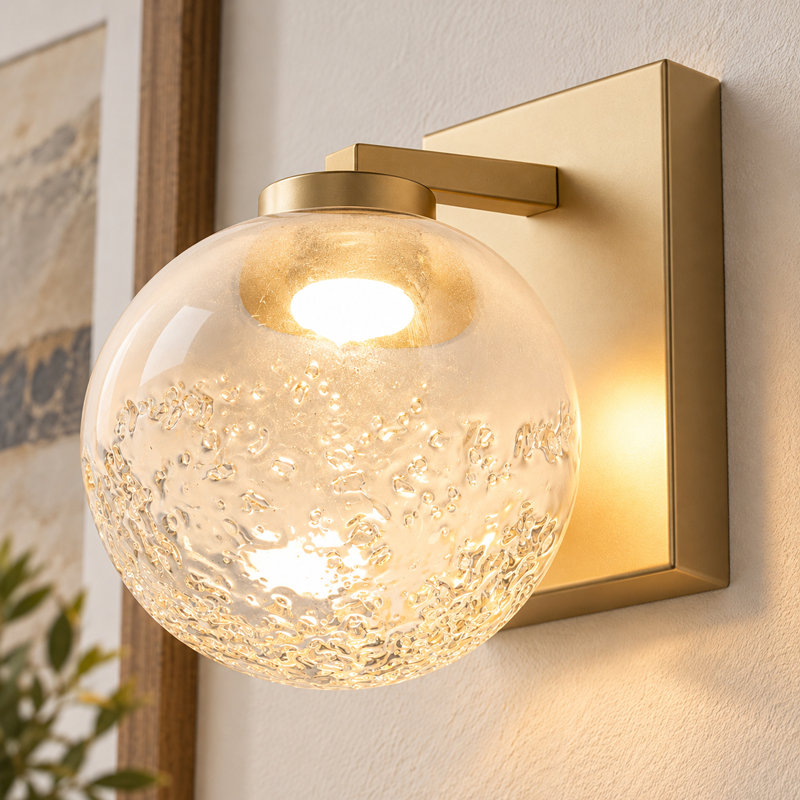 Luminaire de meuble-lavabo mural 6 po avec globe sphérique doré moderne et abat-jour en verre bullé pour salle de bain, chambre à coucher, couloir - blanc chaud 3000K, 6W 380LM, à intensité variable, homologué ETL