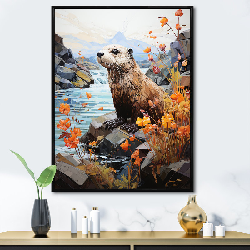 Loutre brune ludique rivière Dweller - imprimé, Cadre flottant noir, H 20 po x l 12 po x P 1 po