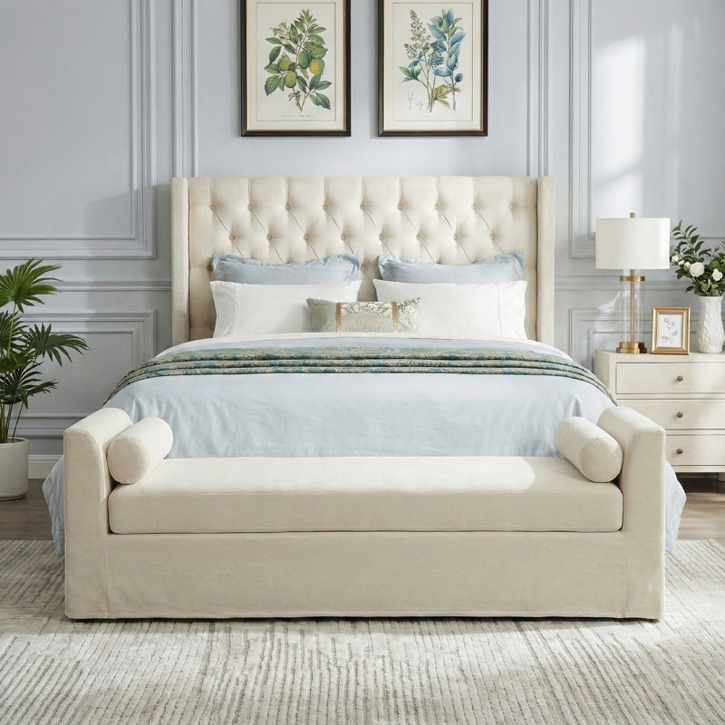 Banc moderne en chenille avec accoudoirs et deux coussins, Beige