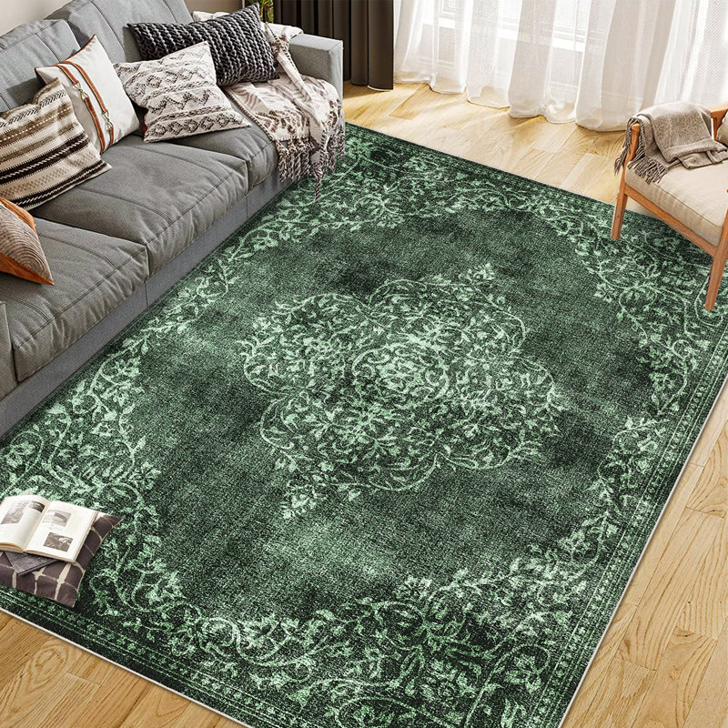 Tapis rétro antidérapant lavable à la machine pour le salon, la chambre à coucher et le bureau, Vert