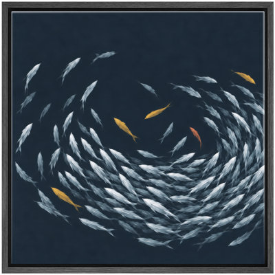 Dark Blue Silver Gold School of Fish Wall Art Decor Framed On Canvas Print
