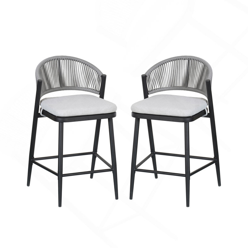 Ensemble de 2 tabourets de comptoir avec cadre en métal et rotin en PE pour l'extérieur, Gris, Noir