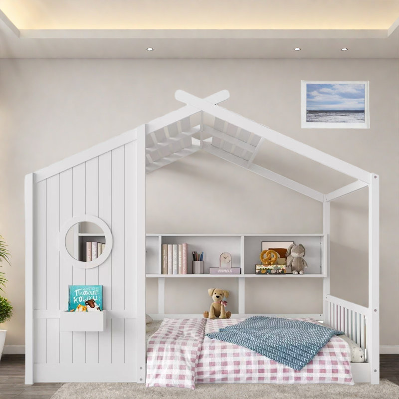 Lit sur pied avec tablettes de rangement, Lit double, Blanc