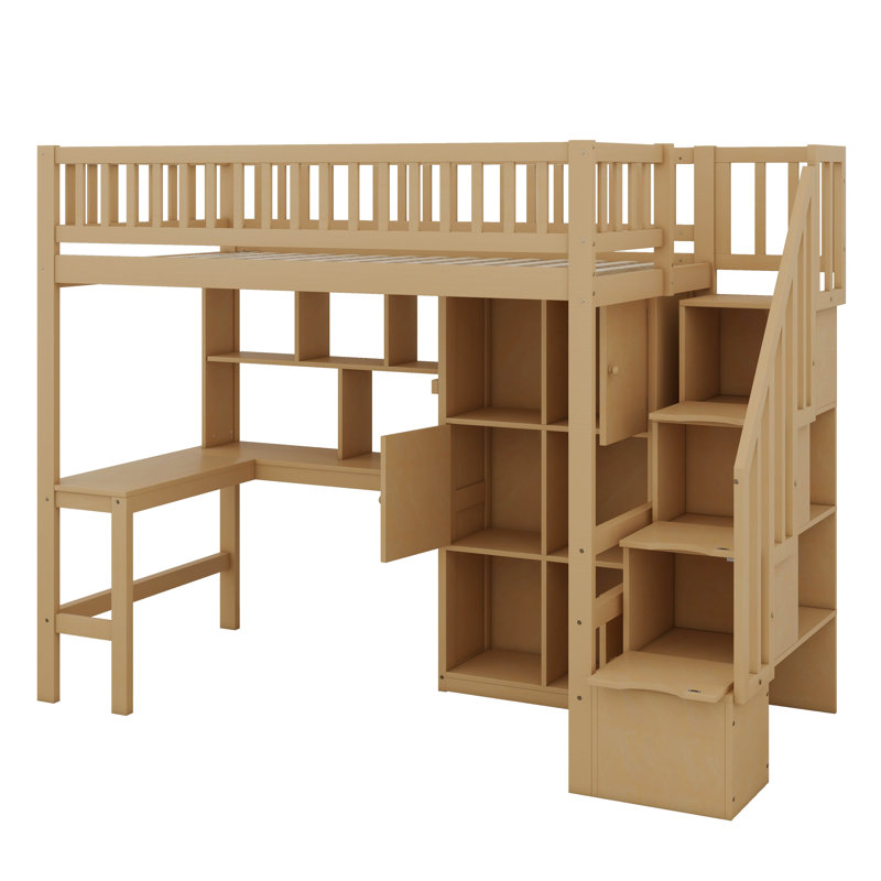 Lit mezzanine simple en bois avec bureau intégré, DEL, tablettes de rangement, armoires et escalier, structure de lit mezzanine peu encombrante