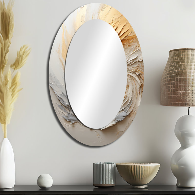Peinture abstraite or et spirale blanche I - Miroir décoratif abstrait ovale sur métal, 36 po x 24 po