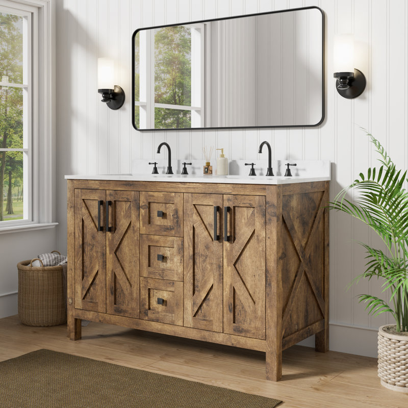 Linsay 48" Fully Assembled Rustic Brown Double Sink Bathroom Vanity with Engineered Stone Marble Top, Soft-Close Doors