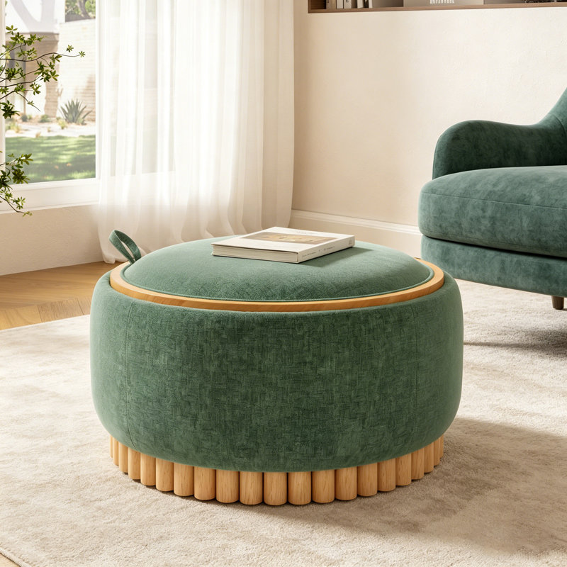 Repose-pieds de rangement rond de 29 po avec pieds en bois massif, table basse moderne avec couvercle réversible, structure en bois, repose-pieds en chenille pour le salon, aucun assemblage requis
