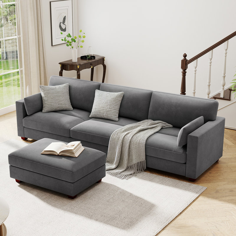 Canapé modulaire rembourré en velours côtelé de 110,7 po de largeur avec repose-pieds amovible, Grey Corduroy