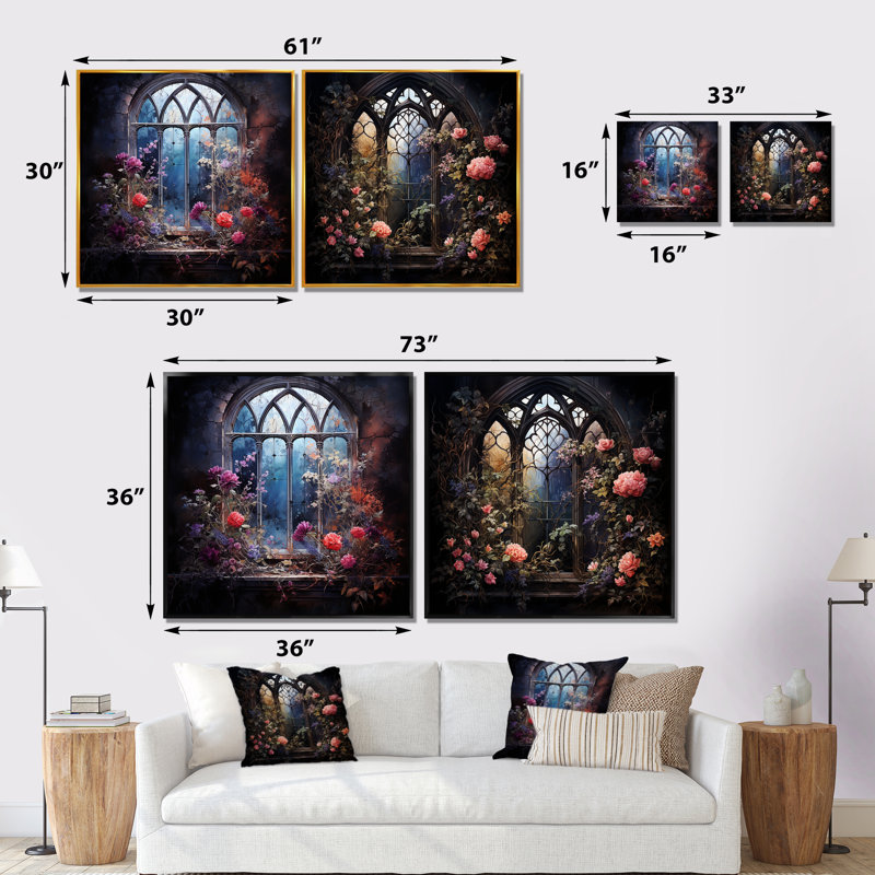 Floral, gothique, fenêtre, fenêtre, vue I - fenêtre, ensemble de 2 impressions sur toile, Toile tendue