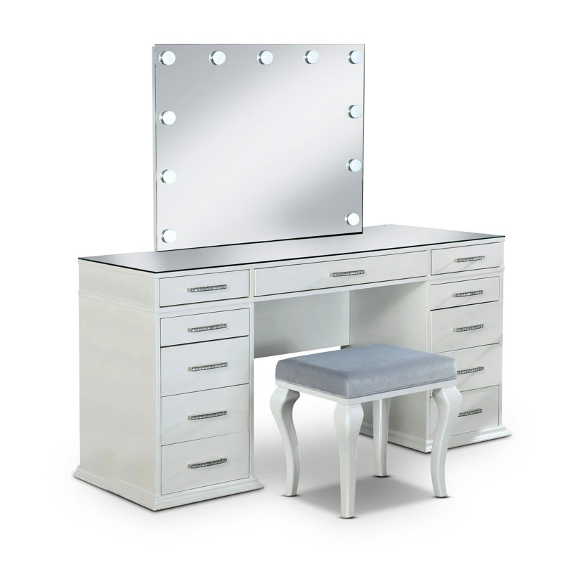 1Pc Vanity With Stool, 8Mm Glass, 5 Drawers, Led Mirror, Luminous White Solid Wood Bedroom Furniture