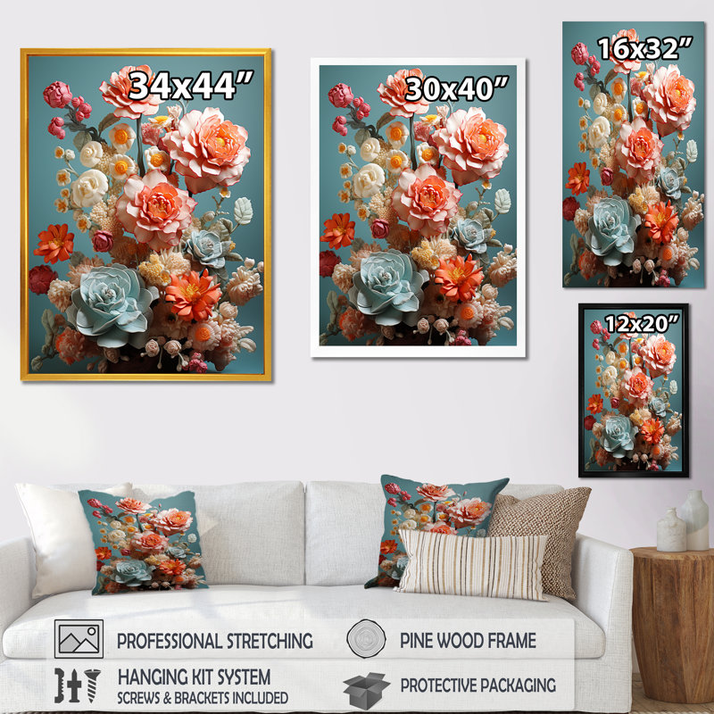 Floral, bouquet d'oasis II - fleurs, art mural, Cadre flottant blanc, H 32 po x l 16 po x P 1 po