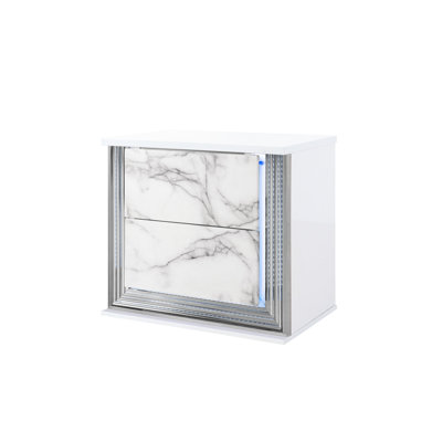 Moon White Marble Nightstand With Led , Modern & Alluring Design, Rich Decoration, High Gloss, Solid Wood + , 27.35 In. Depth, 17.09 Width, 24.48 Height, 61.87 Lb Led, Sleek Look, Accents,