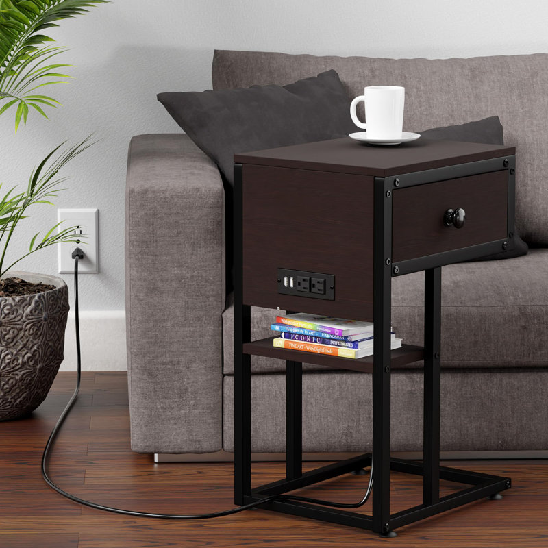 End Table With Charging Station - C Shaped Living Room Side Table With Drawer & Manual - Durable Bedside Table For Tidy Space