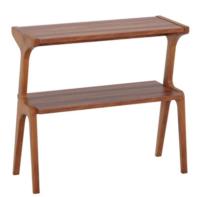 Mid Century Modern Solid Wood End Table With 2-Tier Storage, Narrow Farmhouse Design In Cherry Finish For Small Spaces