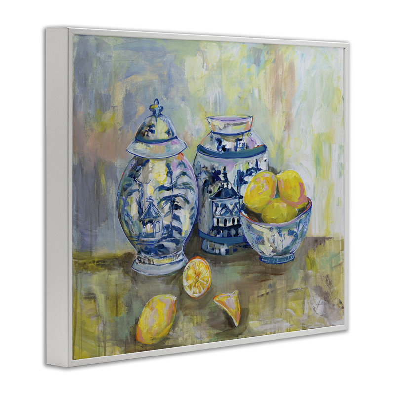 «Lemons & Pottery», peinture classique encadrée par Jeanette Vertentes, H 24 po x l 30 po, Giclée encadrée blanc bord de mer