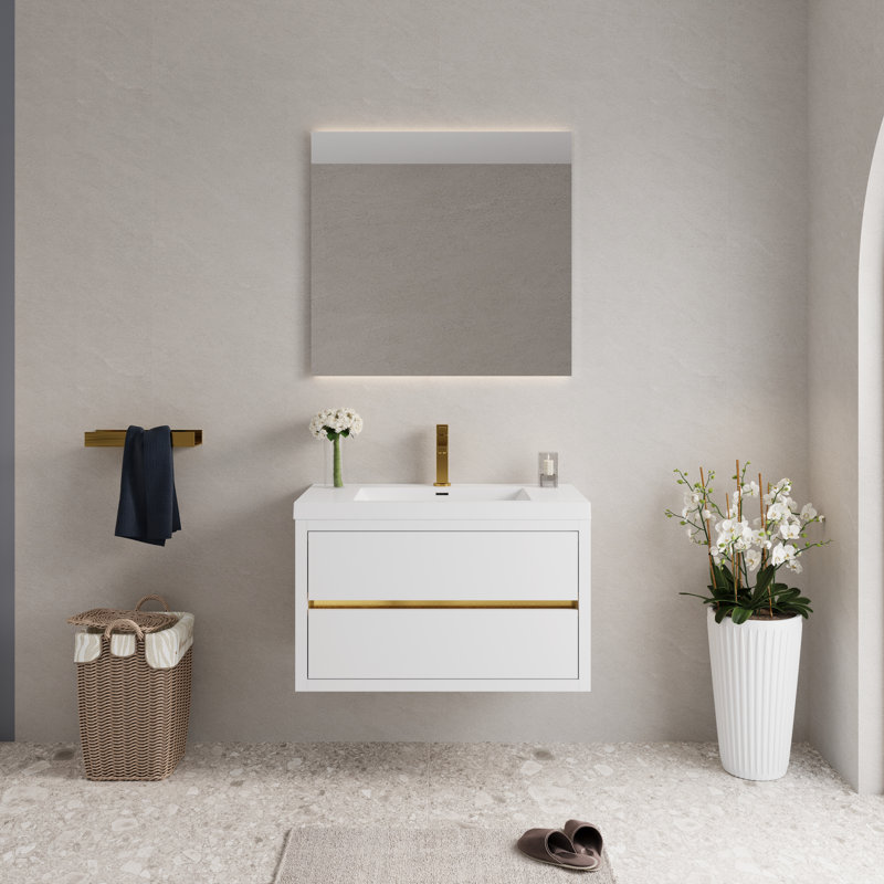 Ensemble de meuble-lavabo mural 35 po 1 pièce en bois blanc à fermeture en douceur, entièrement assemblé