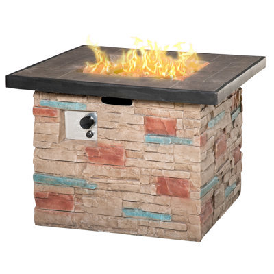 32 Inch Outdoor Propane Gas Fire Pit Table, 50,000 BTU Auto-Ignition Square Faux Ledge Stone Gas Firepit With Lava Rocks And Rain Cover, CSA Certification