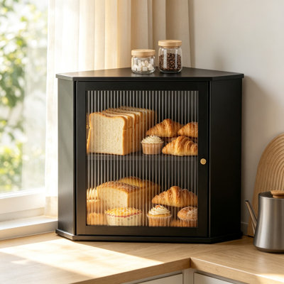 Boîte à pain pour comptoir de cuisine, rangement de pain de coin à 2 niveaux avec porte en acrylique magnétique, organisateur en bambou naturel pour les collations, les pains et le pain fait maison