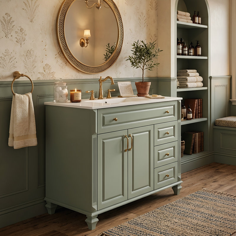Meuble-lavabo autoportant de 91 cm (36 po) avec tiroir inclinable, lavabo en céramique, cadre en bois massif, 3 tiroirs et tablette réglable (noir/vert/blanc/indigo)