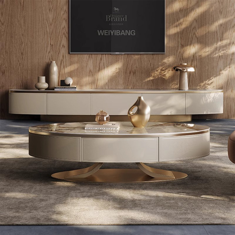 Table basse légère de luxe en forme de plaque ovale, Blanc / Gris