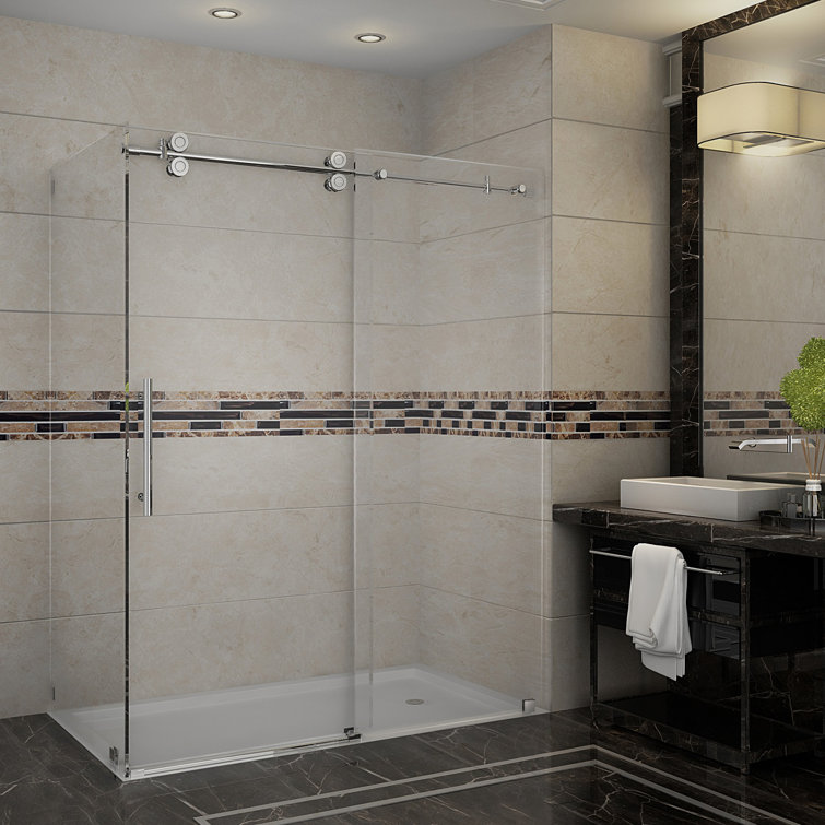 Langham 60" W x 75" H Frameless Rectangle Sliding Shower Enclosure with Fixed Panel