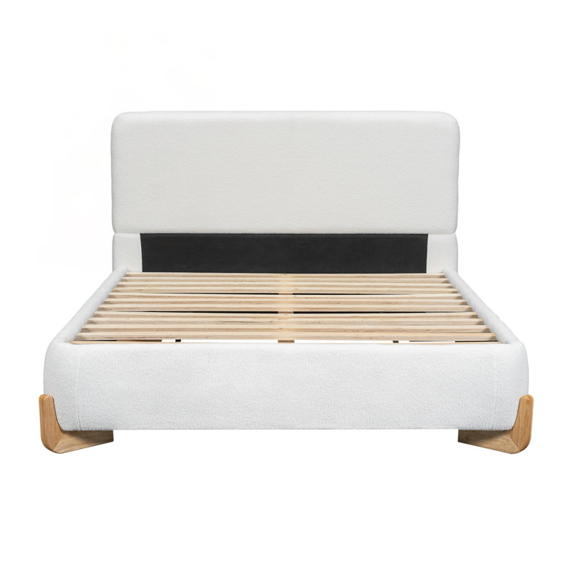 Élégant lit rembourré Boucle, pièce maîtresse de chambre pleine grandeur luxueuse et confortable en blanc, Double